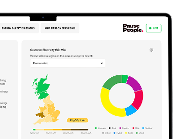 Laptop displaying Utilita's live Customer Electricity Grid Mix graph, showing electricity generation sources across the UK.