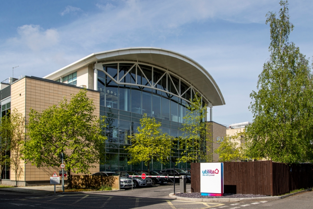 The ourside of Utilita Energy's head office promoting sustainability efforts to reach net zero by 2030.