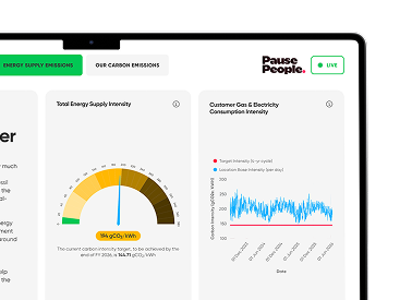 Laptop displaying Utilita's live Energy Supplier Emissions graphs, comparing the UK's carbon intensity levels.